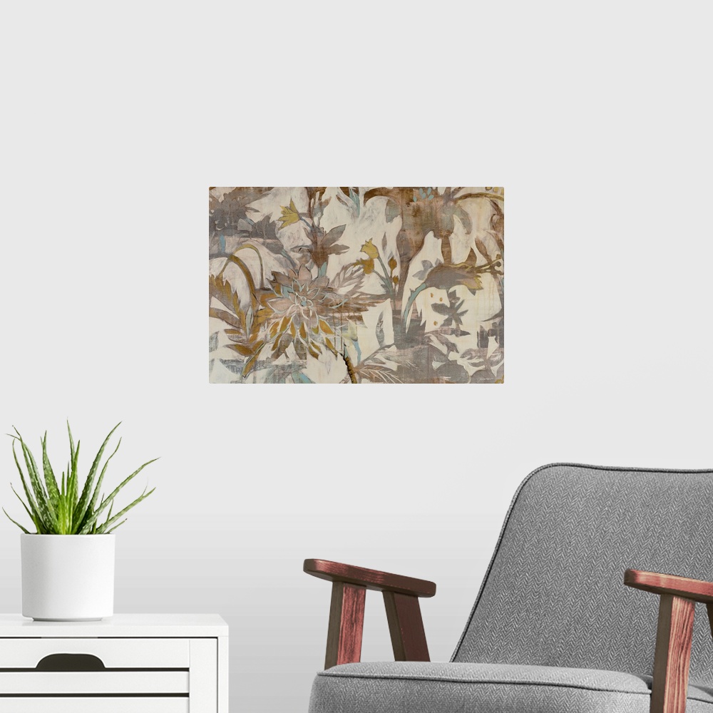 A modern room featuring Contemporary artwork of floral pattern in earth tones.