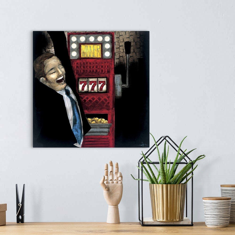 A bohemian room featuring A painting of a man cheering from winning tons of money from a casino slot machine.