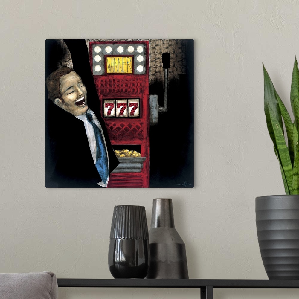 A modern room featuring A painting of a man cheering from winning tons of money from a casino slot machine.