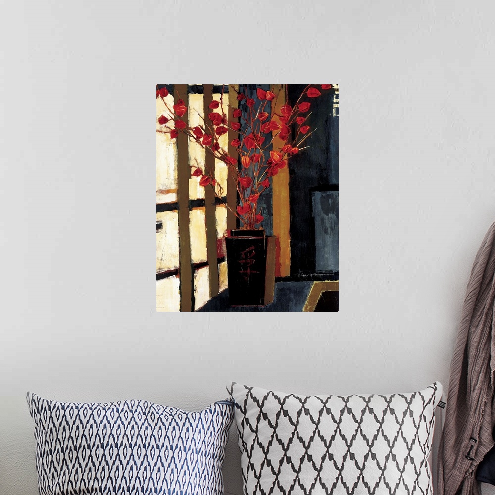 A bohemian room featuring Contemporary painting of a Japanese style vase with a red plant sticking out of it.