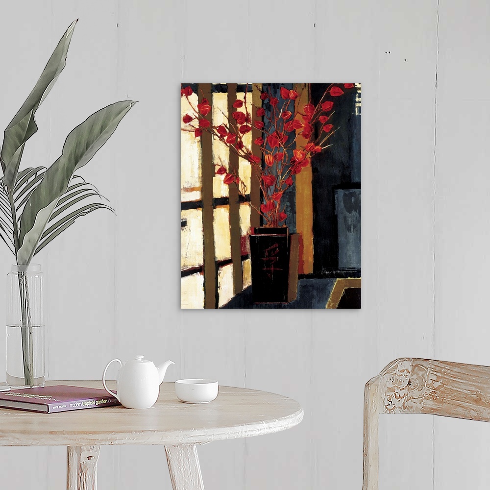 A farmhouse room featuring Contemporary painting of a Japanese style vase with a red plant sticking out of it.