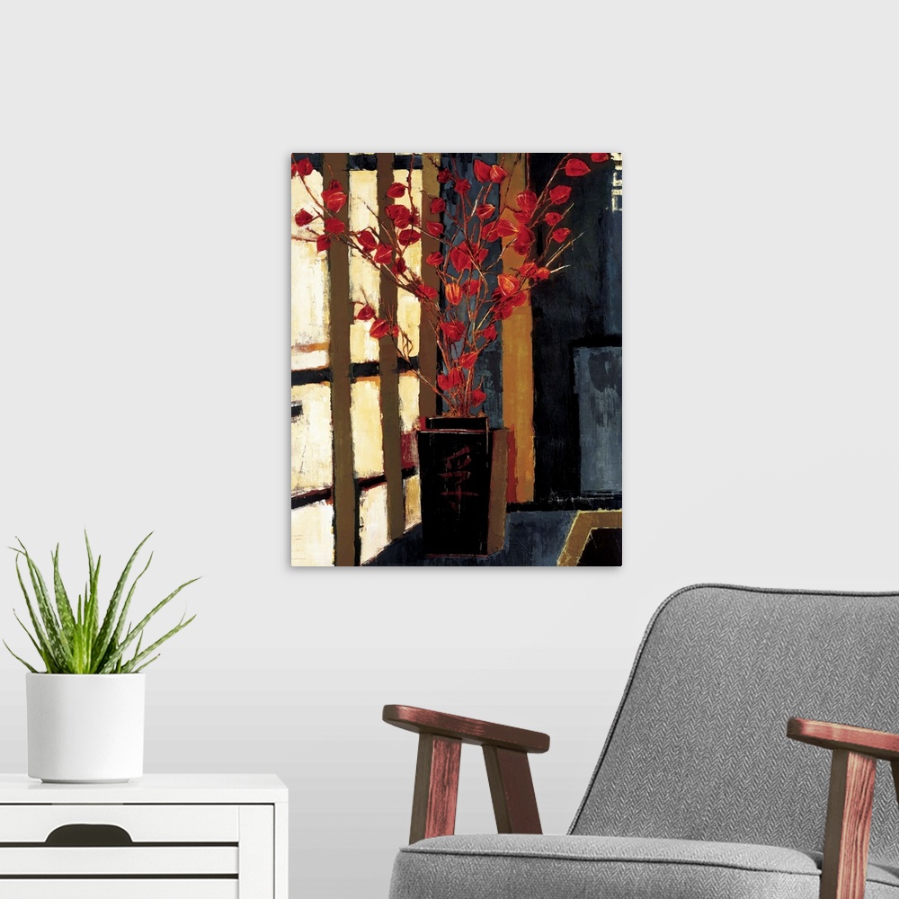 A modern room featuring Contemporary painting of a Japanese style vase with a red plant sticking out of it.