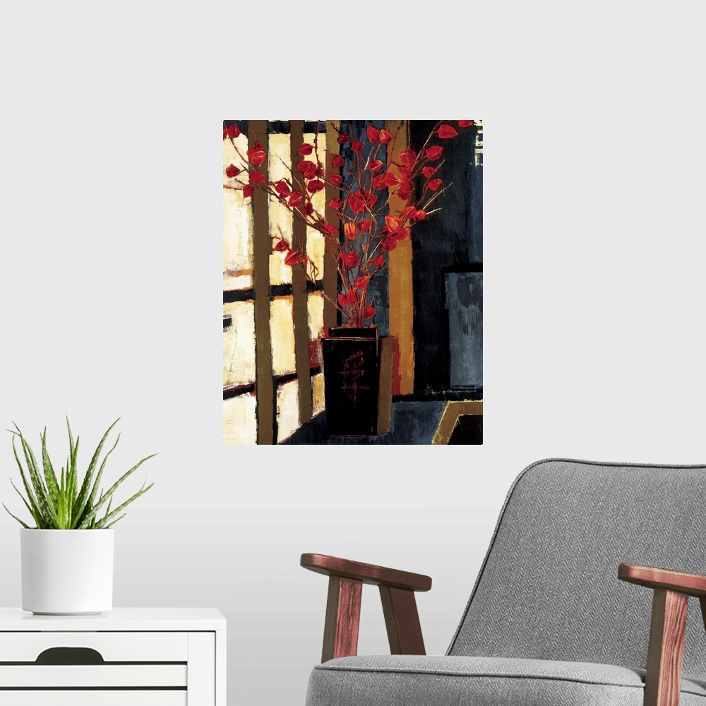 A modern room featuring Contemporary painting of a Japanese style vase with a red plant sticking out of it.