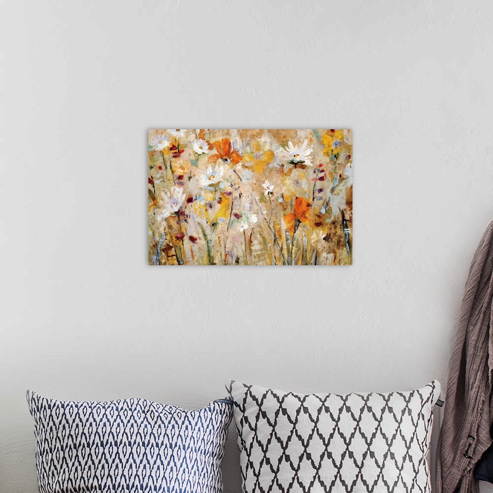 A bohemian room featuring Close up of impressionistic flowers and stems in a busy horizontal abstract and a vivid color pal...