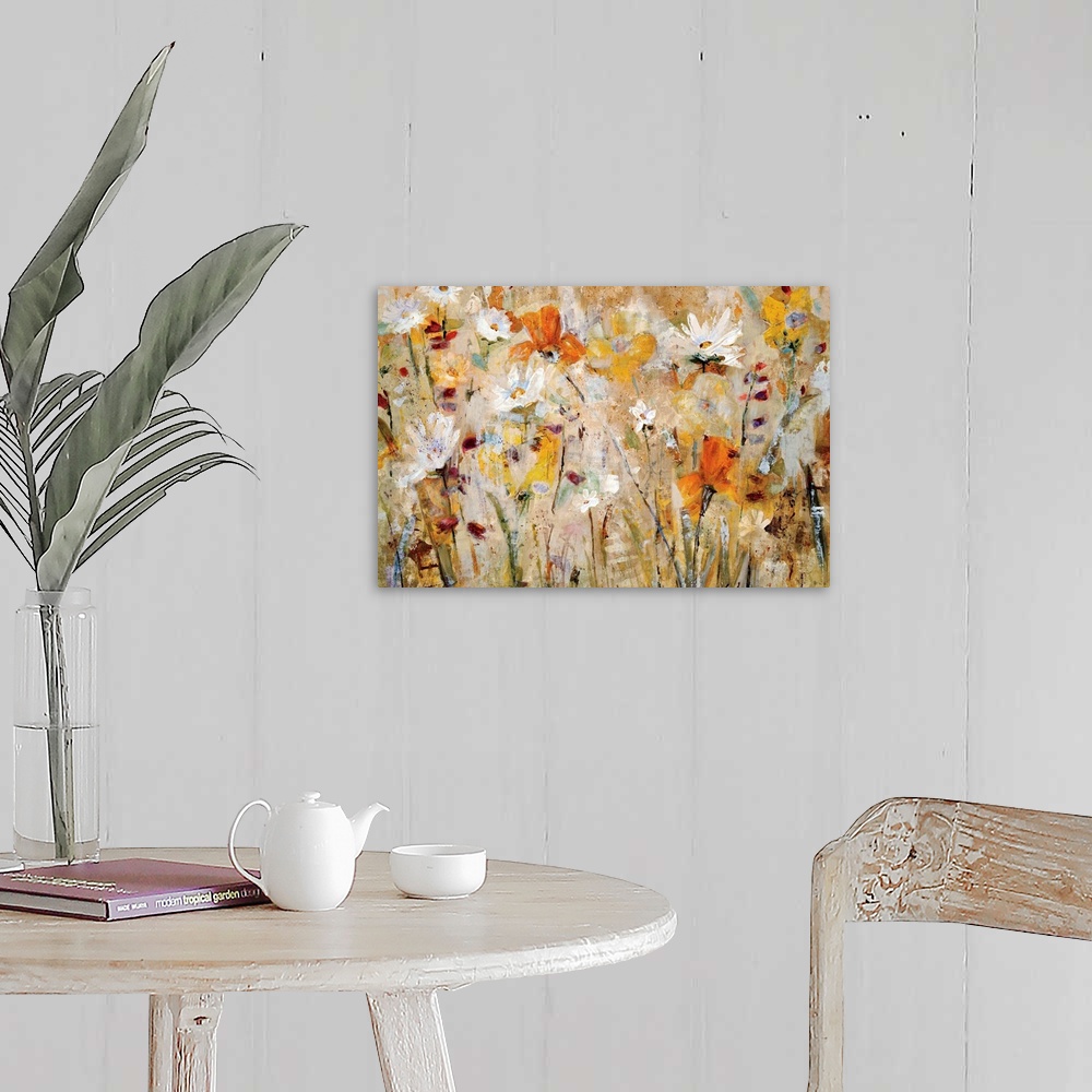 A farmhouse room featuring Close up of impressionistic flowers and stems in a busy horizontal abstract and a vivid color pal...