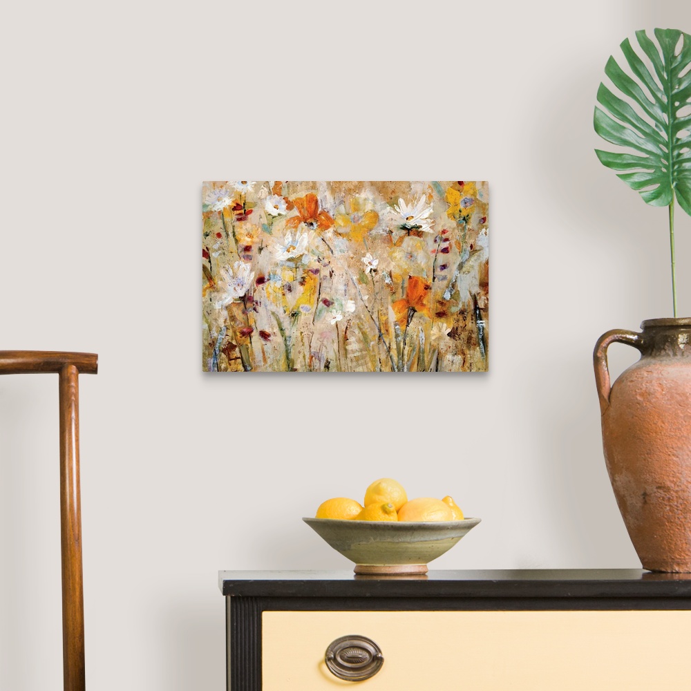 A traditional room featuring Close up of impressionistic flowers and stems in a busy horizontal abstract and a vivid color pal...