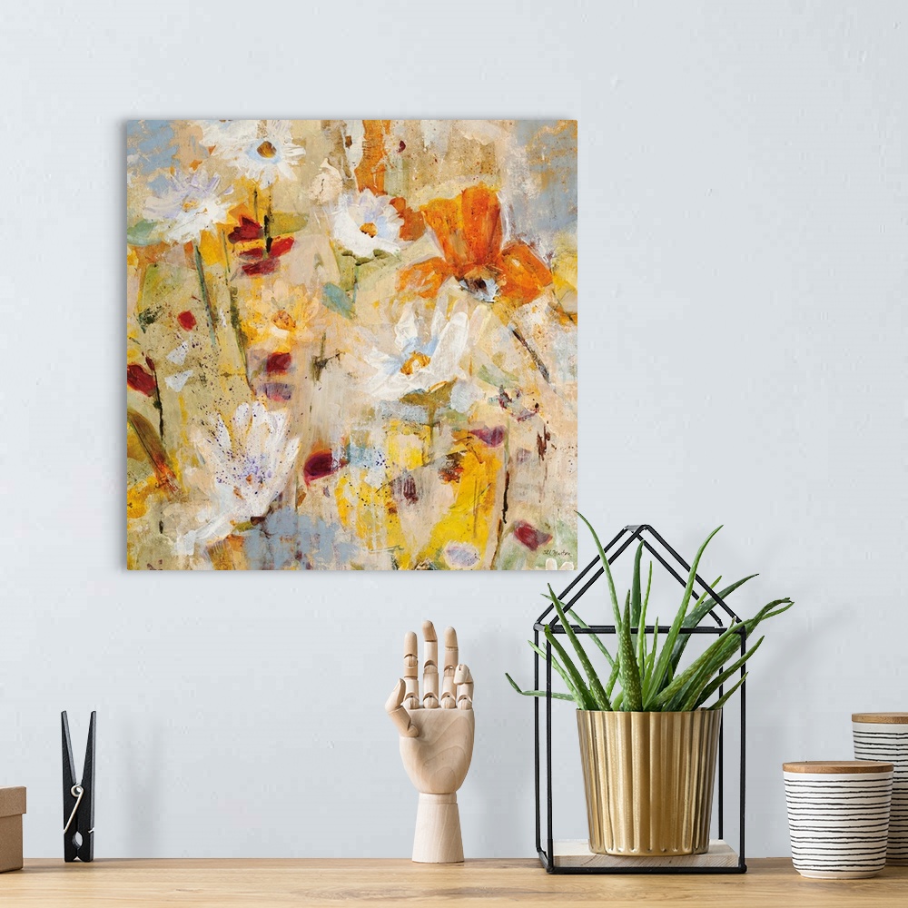 A bohemian room featuring Square painting of a group of colorful spring flowers with speckled drips of overlapping paint.