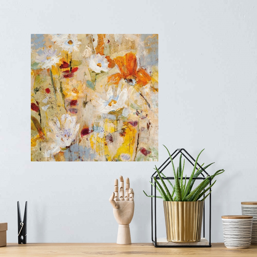 A bohemian room featuring Square painting of a group of colorful spring flowers with speckled drips of overlapping paint.
