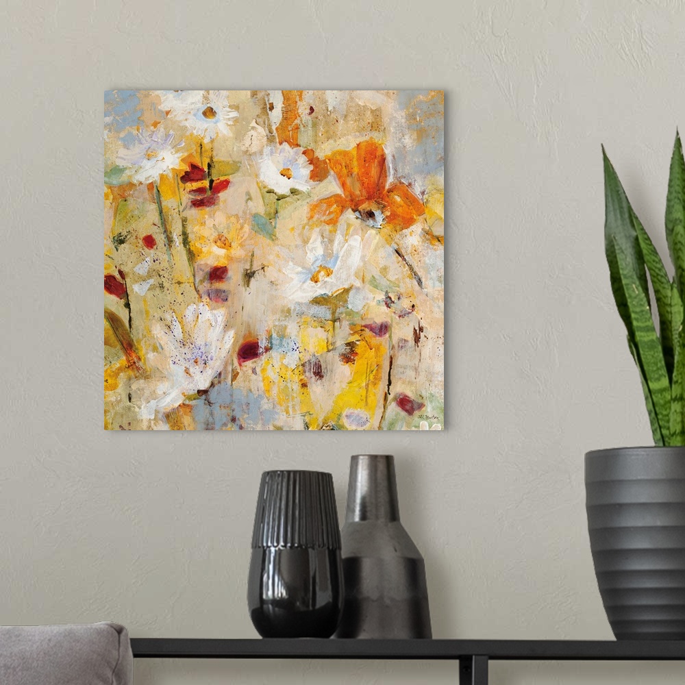 A modern room featuring Square painting of a group of colorful spring flowers with speckled drips of overlapping paint.
