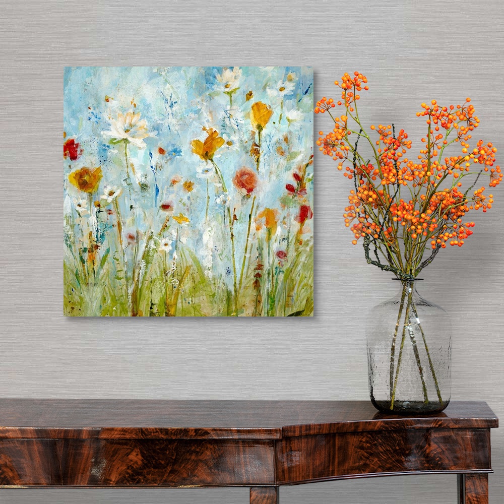 A traditional room featuring A vertical abstract landscape painting of loosely painted flowers and grass that reminiscent of a...