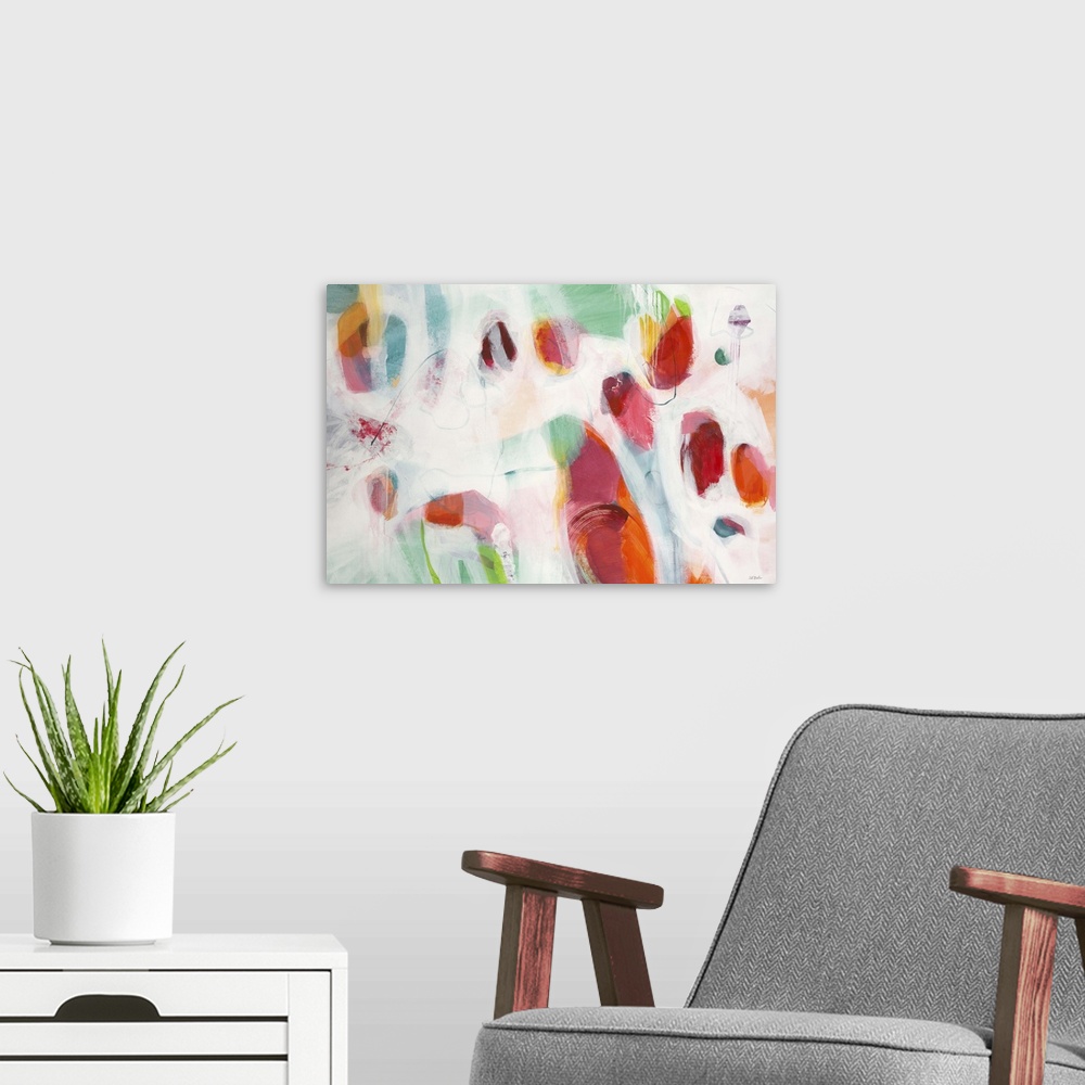 A modern room featuring A contemporary abstract painting using splashes of red and pale green against an off white backgr...