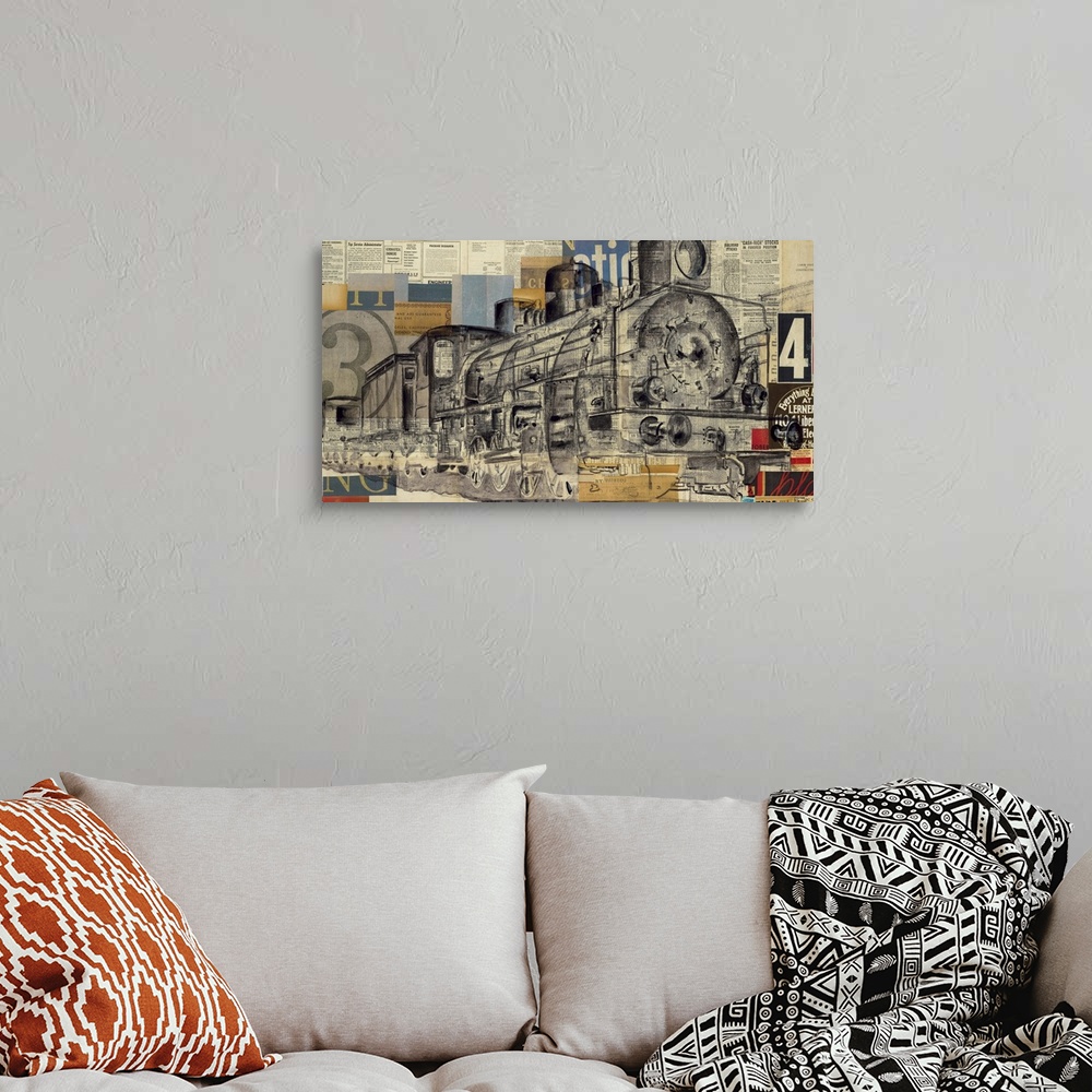 A bohemian room featuring Collage artwork incorporating numbers and letters over top of the image of a train engine.