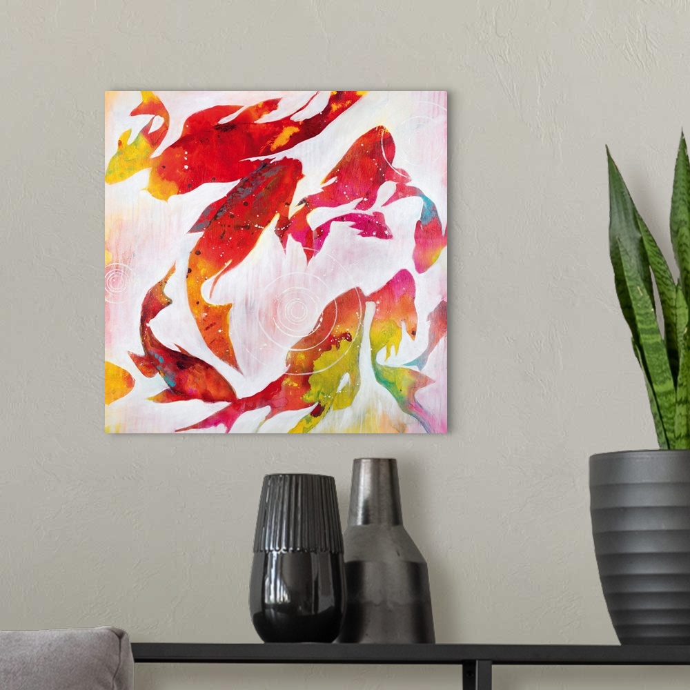 A modern room featuring Contemporary painting of colorful koi swimming in a pond.