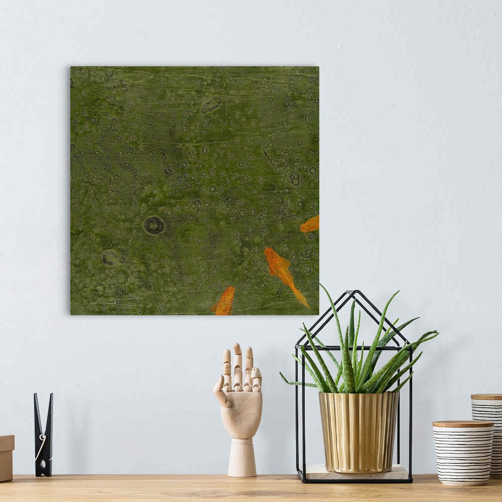 A bohemian room featuring Square painting with textured, dark green water and three orange koi fish in the bottom right cor...