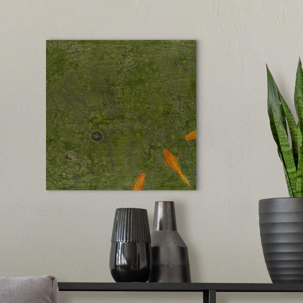 A modern room featuring Square painting with textured, dark green water and three orange koi fish in the bottom right cor...