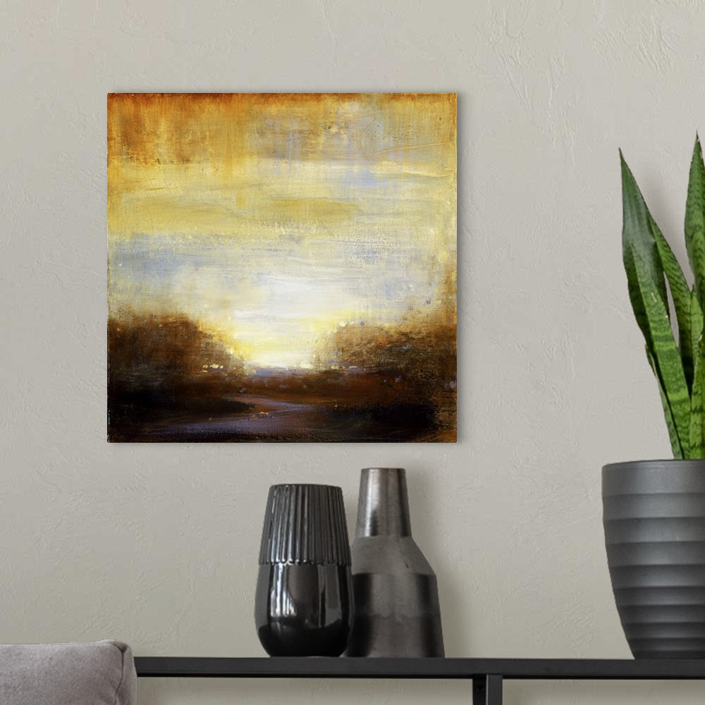 A modern room featuring Contemporary painting of a scenic landscape in textured warm earth tones.