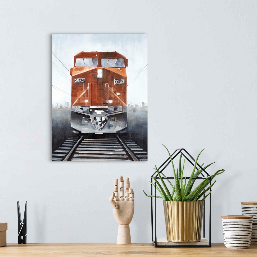 A bohemian room featuring Contemporary painting of the front of a burnt orange train with the tracks in the foreground and ...