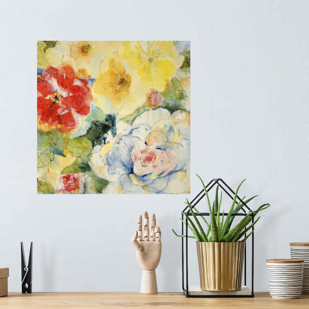 A bohemian room featuring A contemporary painting of a close view of yellow and red garden flower.