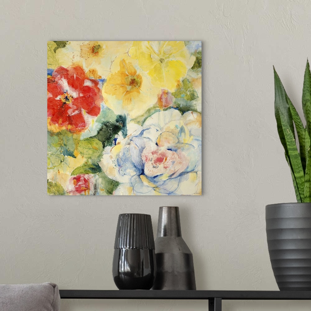 A modern room featuring A contemporary painting of a close view of yellow and red garden flower.