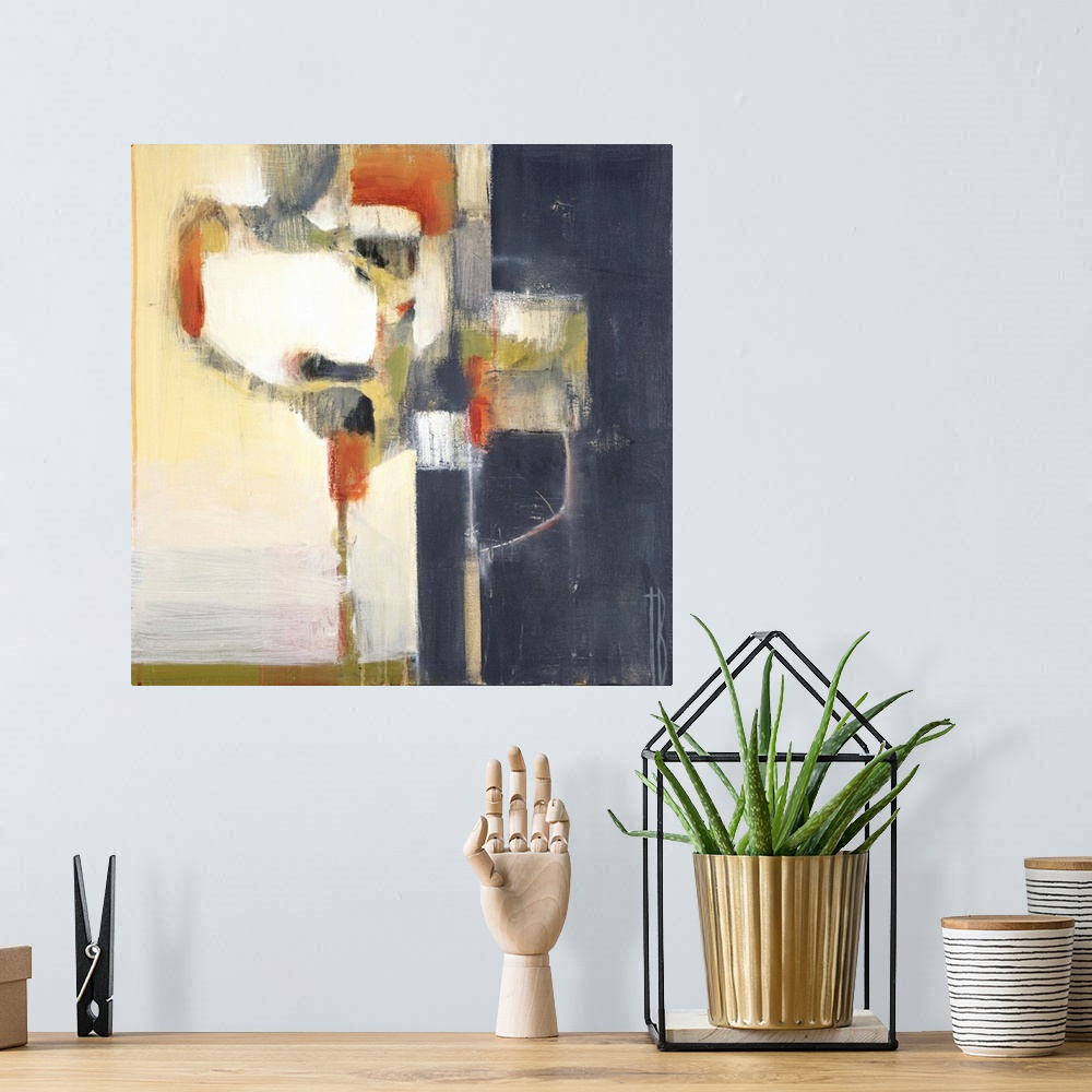 A bohemian room featuring Contemporary abstract painting using muted orange, blue and neutral tones in a retro mid-century ...