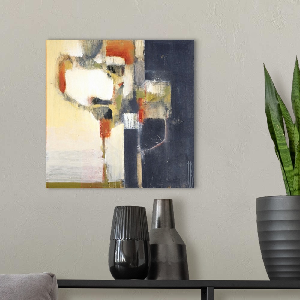 A modern room featuring Contemporary abstract painting using muted orange, blue and neutral tones in a retro mid-century ...