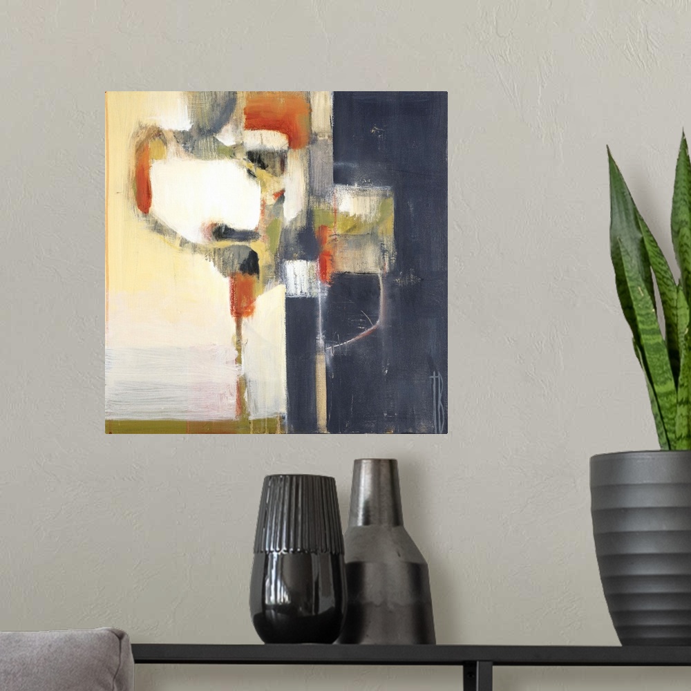 A modern room featuring Contemporary abstract painting using muted orange, blue and neutral tones in a retro mid-century ...
