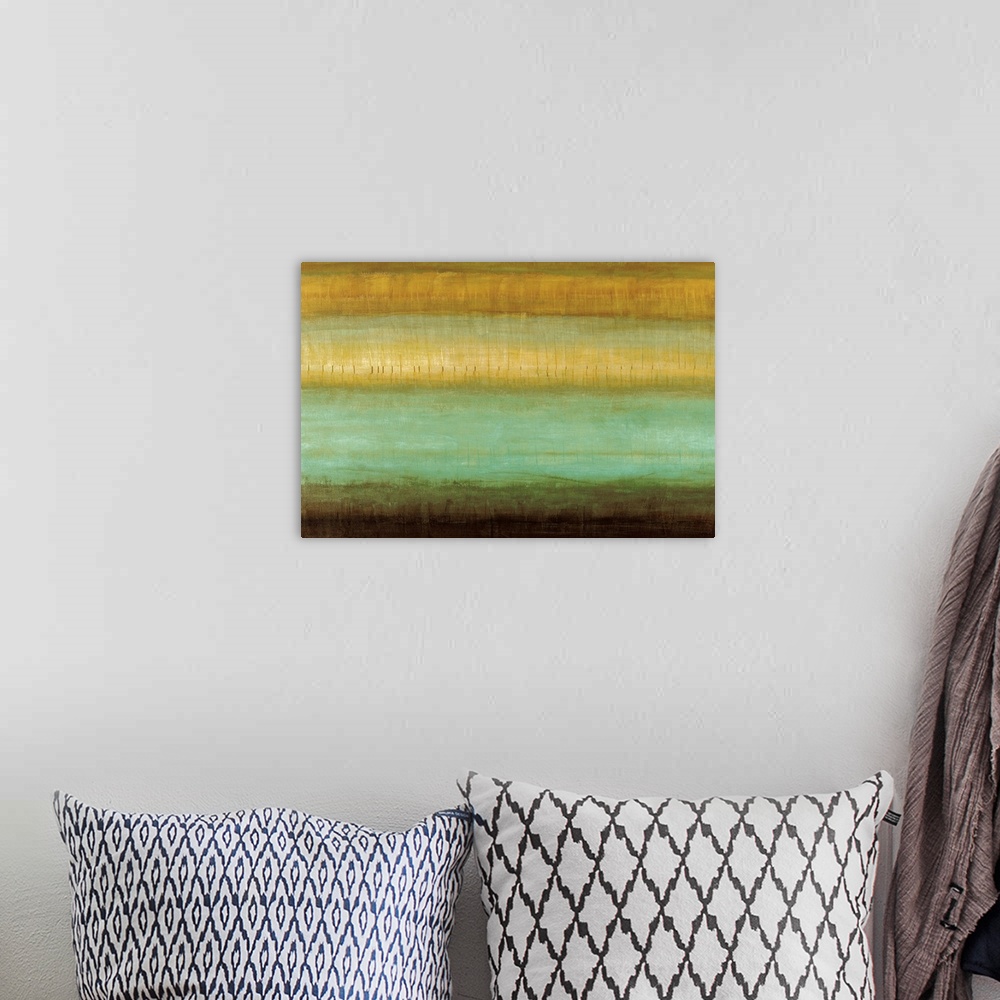 A bohemian room featuring This horizontal wall hanging is a contemporary painting of different colors and textures.