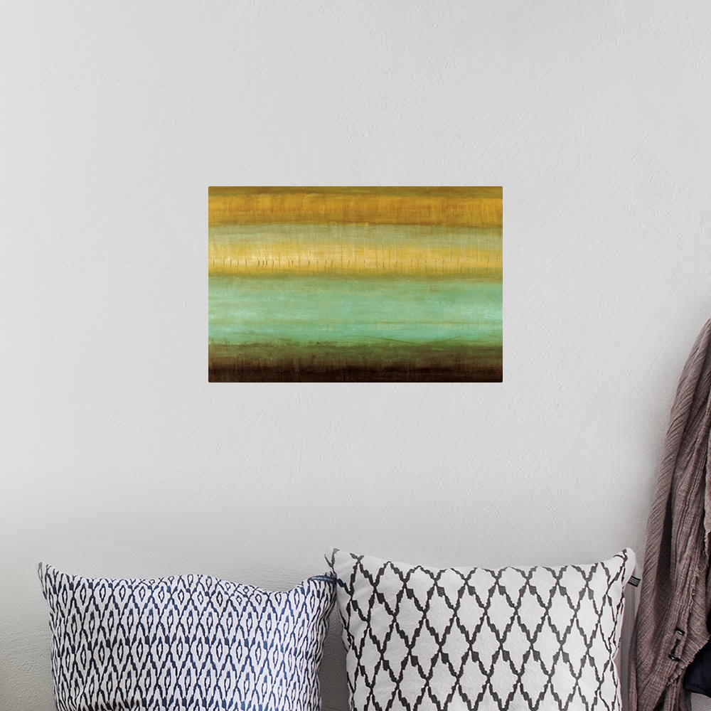 A bohemian room featuring This horizontal wall hanging is a contemporary painting of different colors and textures.