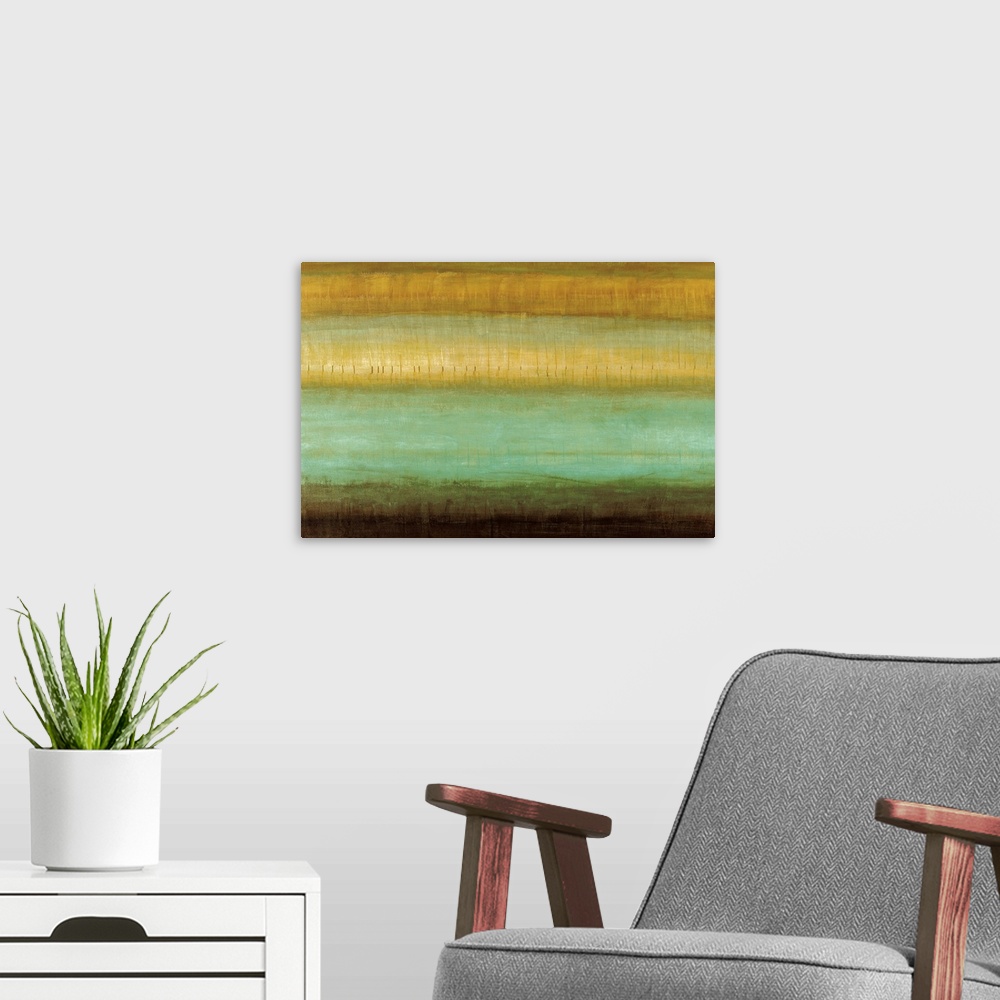 A modern room featuring This horizontal wall hanging is a contemporary painting of different colors and textures.