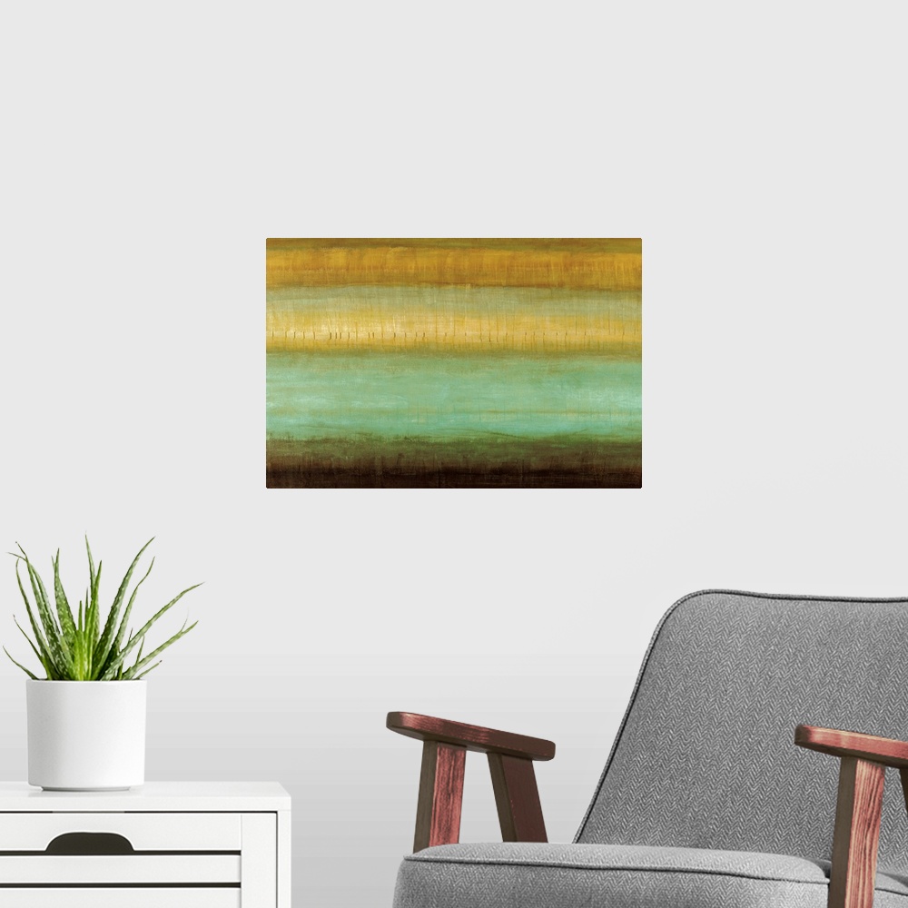 A modern room featuring This horizontal wall hanging is a contemporary painting of different colors and textures.
