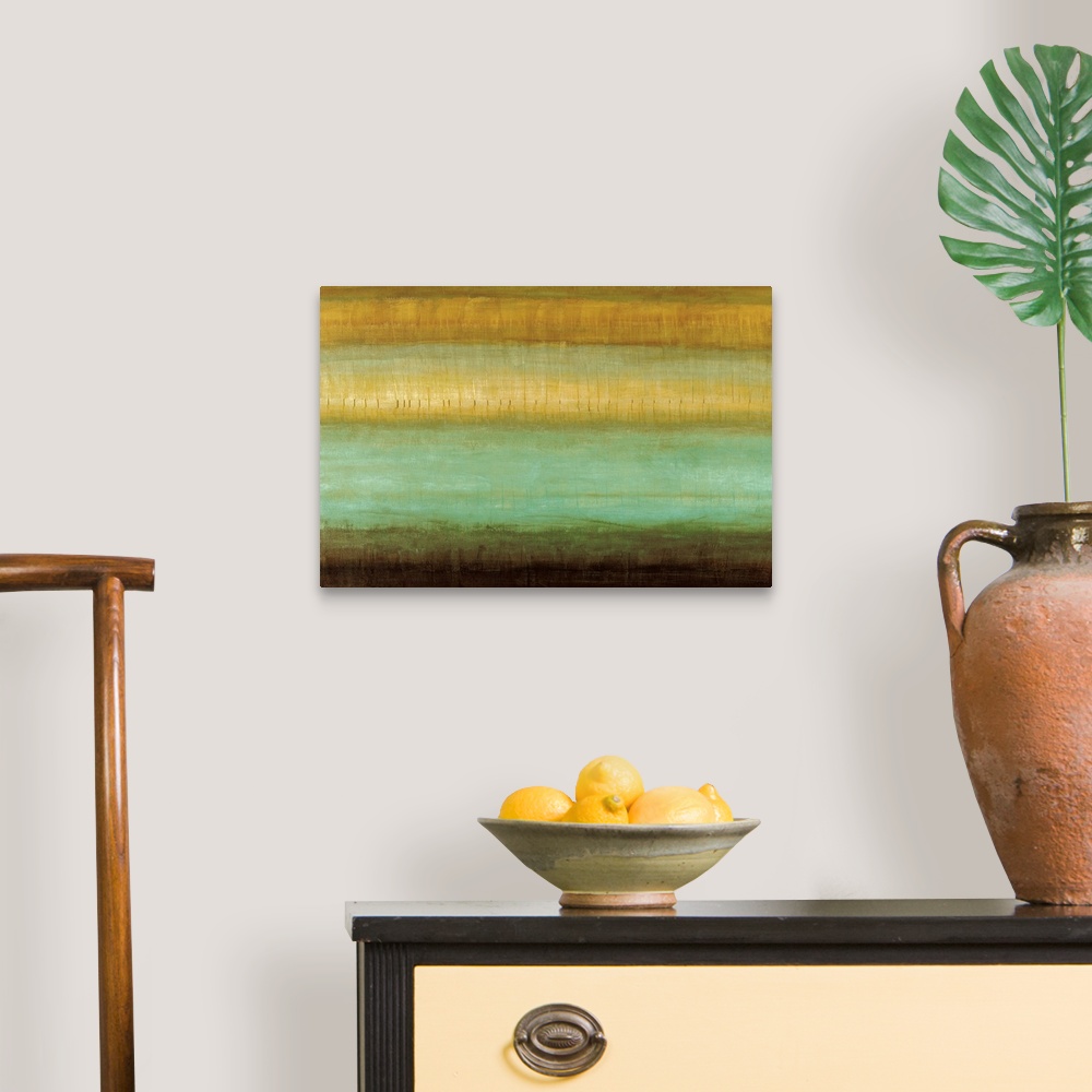 A traditional room featuring This horizontal wall hanging is a contemporary painting of different colors and textures.