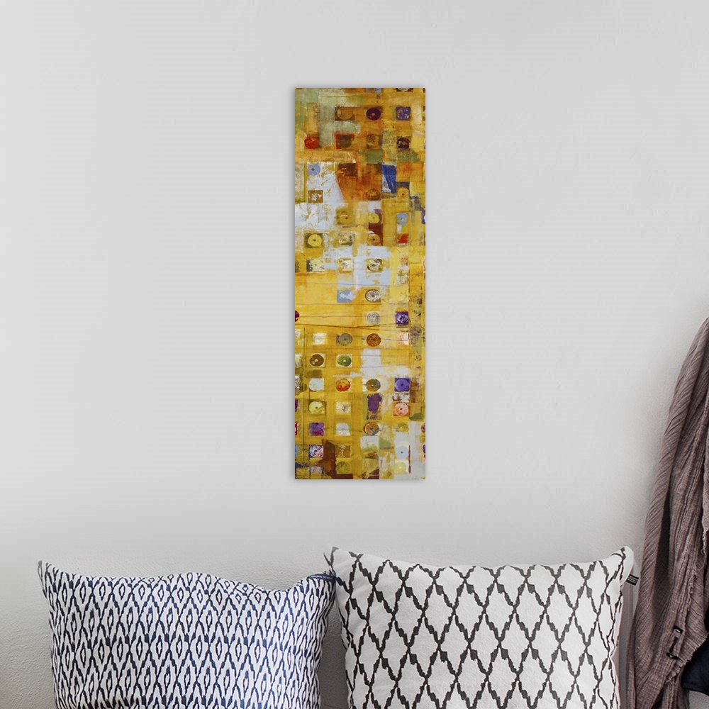 A bohemian room featuring An abstract geometric painting using earthy tones.