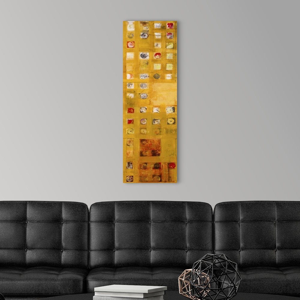 A modern room featuring Contemporary abstract painting using rich earth tons and geometric shapes.