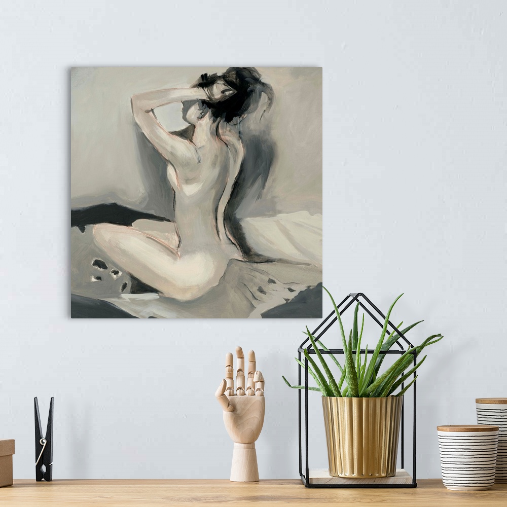 A bohemian room featuring Square painting of a nude woman sitting on a bed holding her hair up with both arms in neutral co...