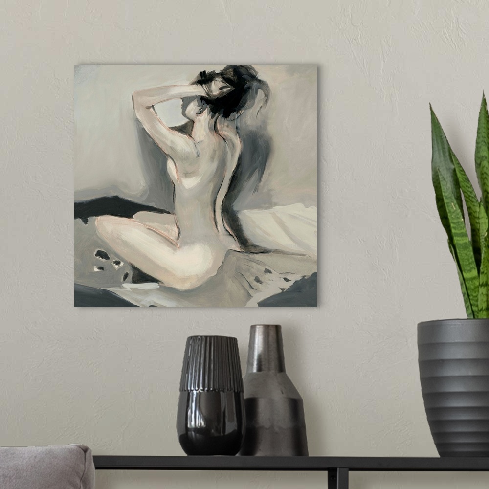 A modern room featuring Square painting of a nude woman sitting on a bed holding her hair up with both arms in neutral co...