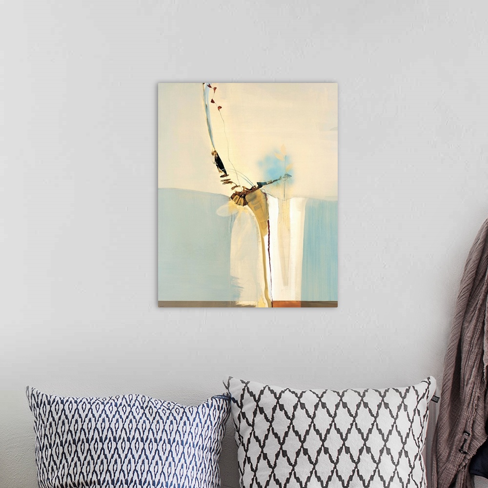 A bohemian room featuring Contemporary abstract painting using pale gold and beige tones with sinuous like forms.