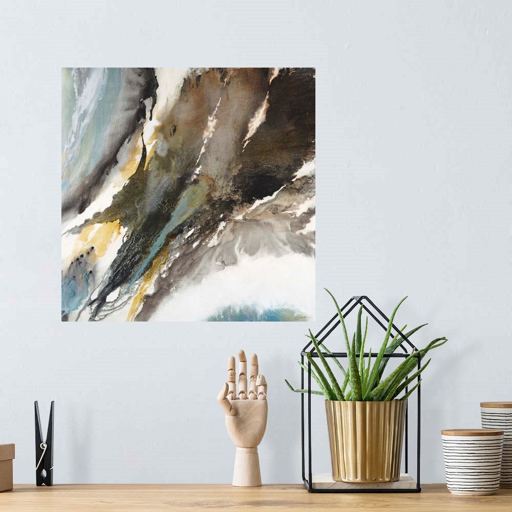 A bohemian room featuring Abstract painting using earth tones with hints of cool tones in harsh vivid strokes.