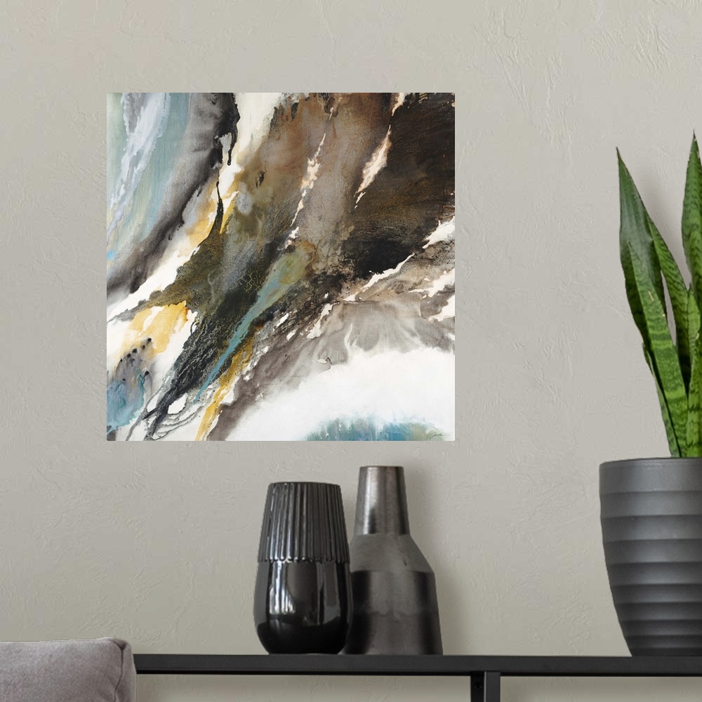 A modern room featuring Abstract painting using earth tones with hints of cool tones in harsh vivid strokes.