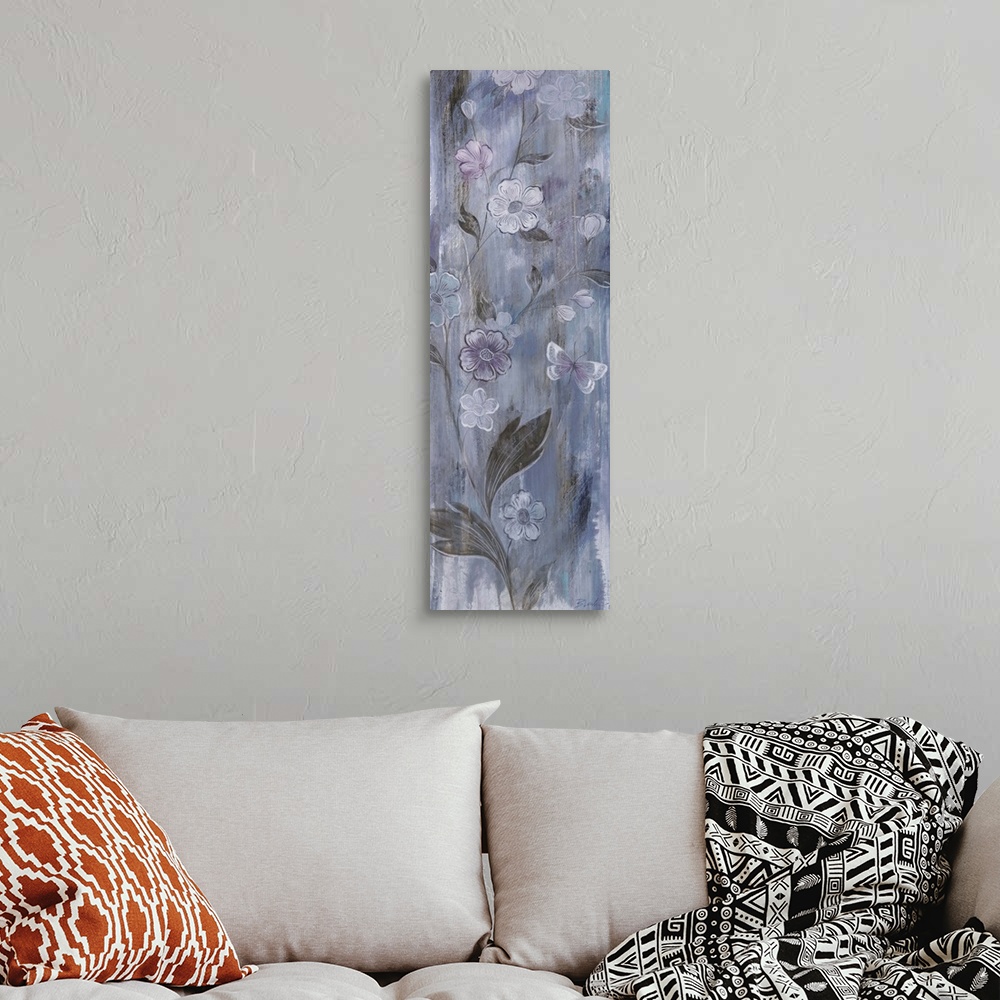 A bohemian room featuring Contemporary painting of pale icy blue flowers against a muted purple background.
