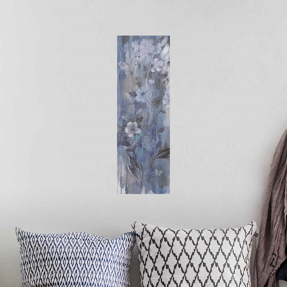 A bohemian room featuring Contemporary painting of pale icy blue flowers against a muted purple background.