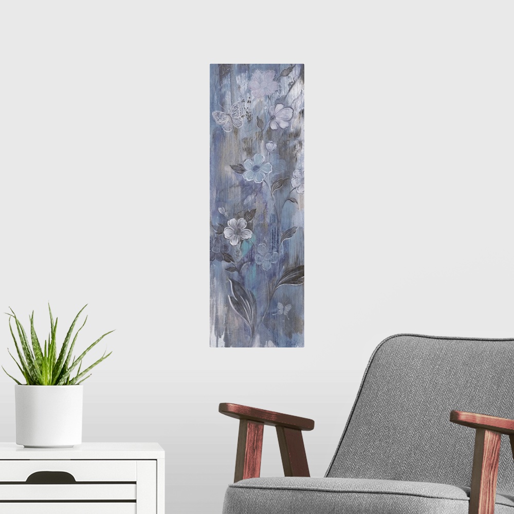 A modern room featuring Contemporary painting of pale icy blue flowers against a muted purple background.
