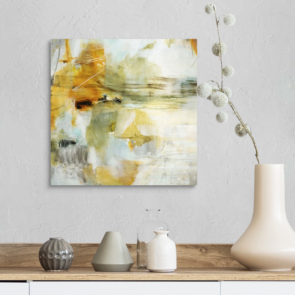 A farmhouse room featuring A contemporary abstract painting using a muted orange tone against a neutral background.