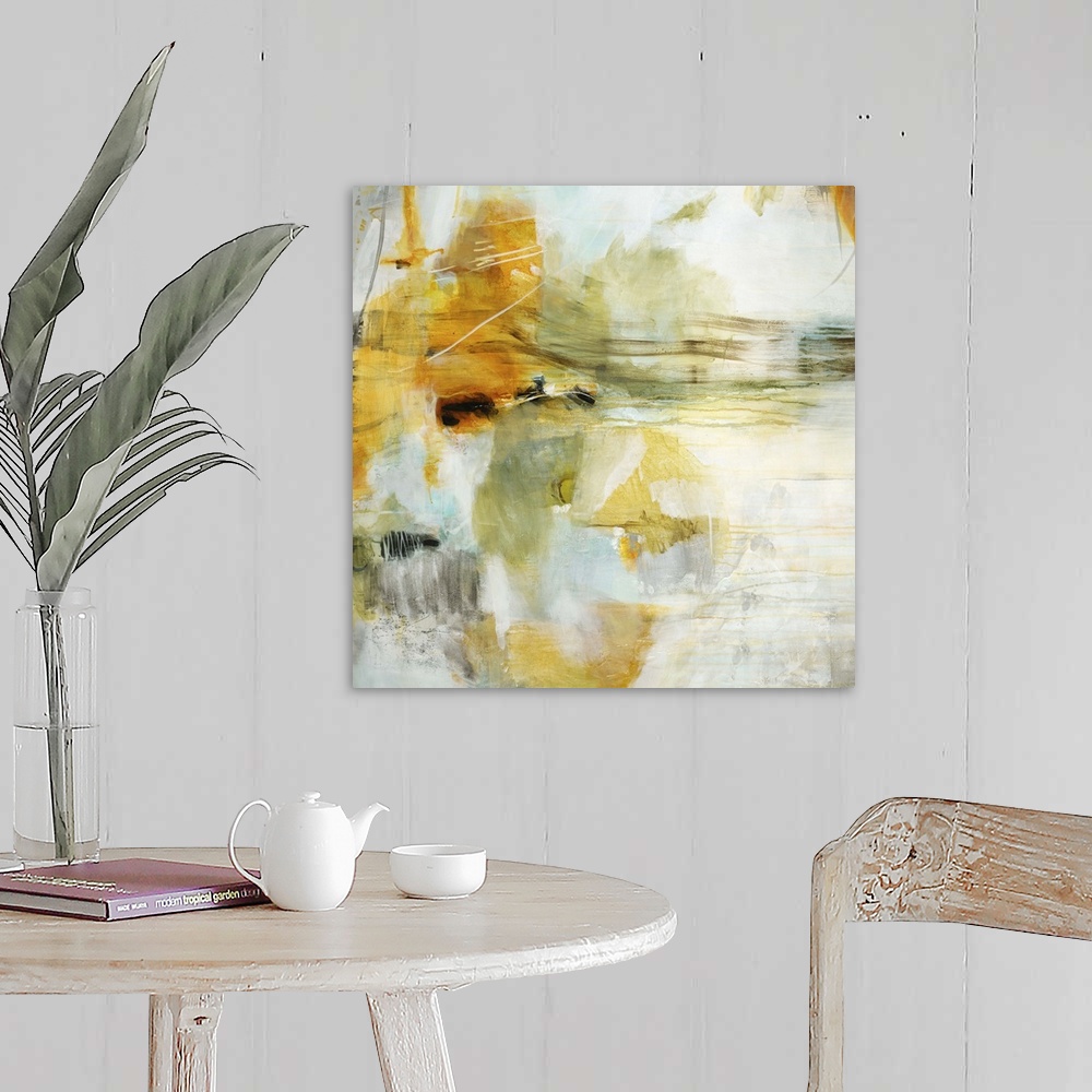 A farmhouse room featuring A contemporary abstract painting using a muted orange tone against a neutral background.