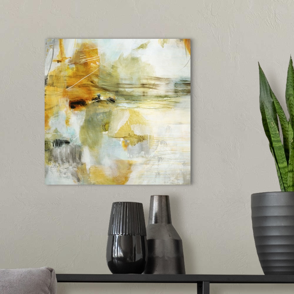 A modern room featuring A contemporary abstract painting using a muted orange tone against a neutral background.