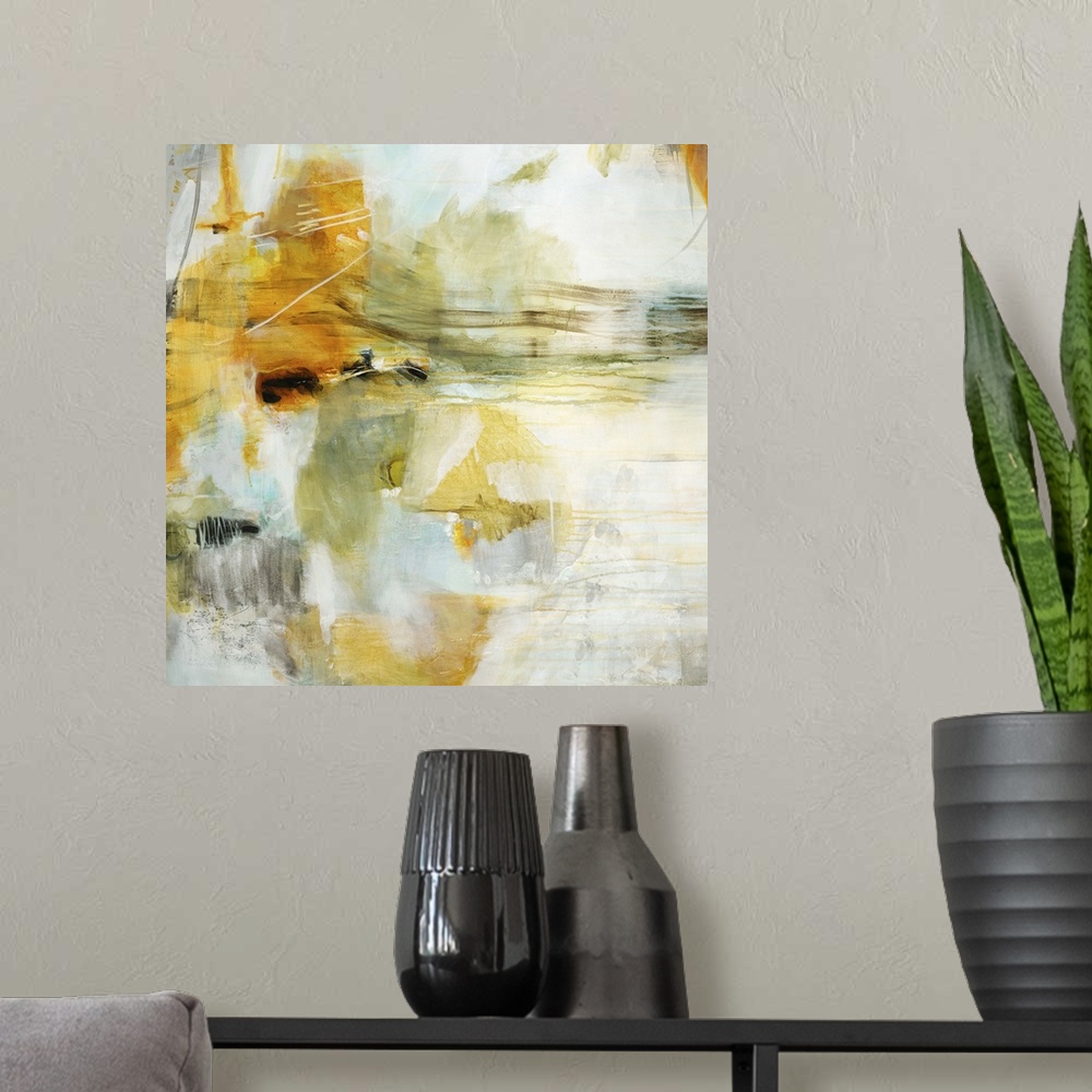 A modern room featuring A contemporary abstract painting using a muted orange tone against a neutral background.