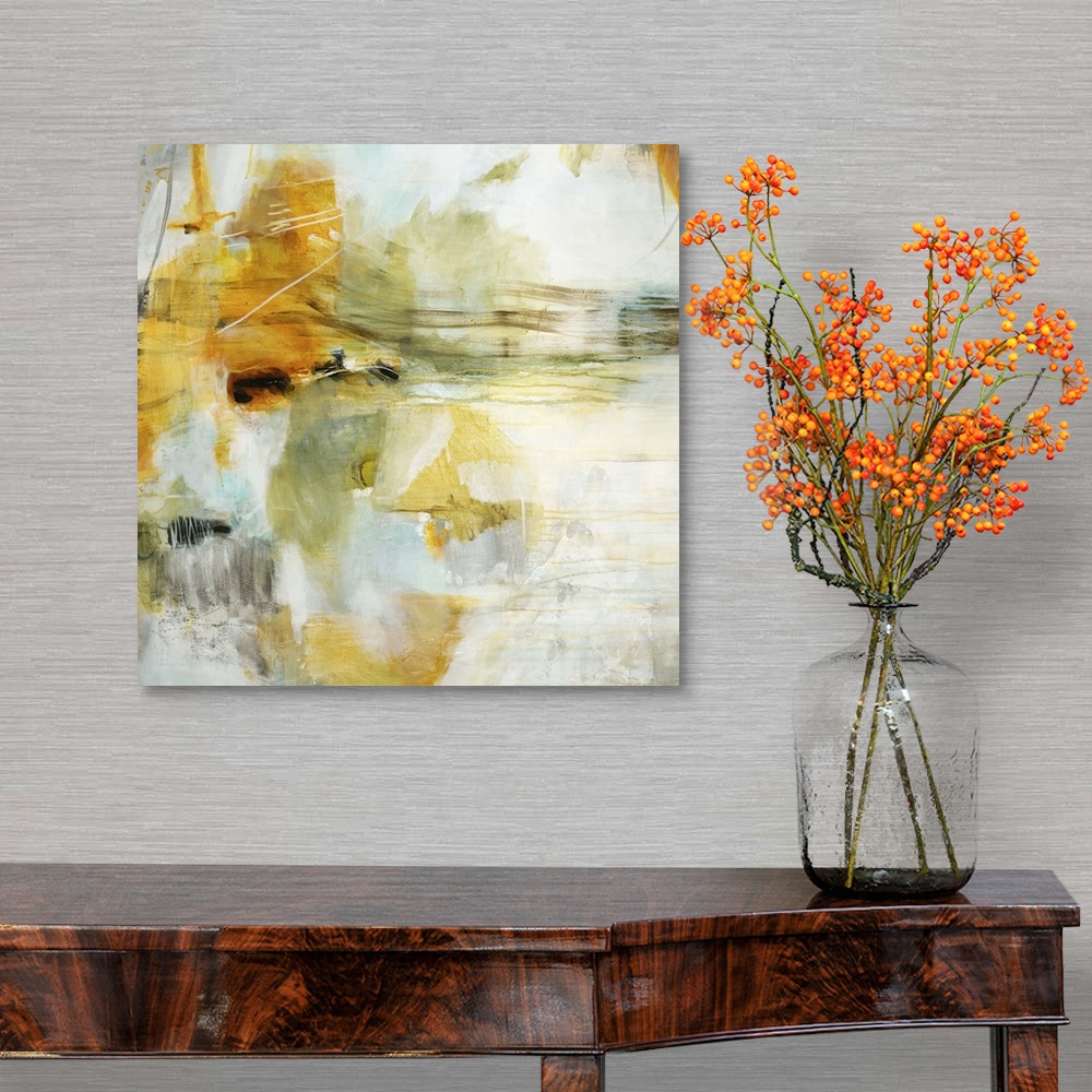A traditional room featuring A contemporary abstract painting using a muted orange tone against a neutral background.