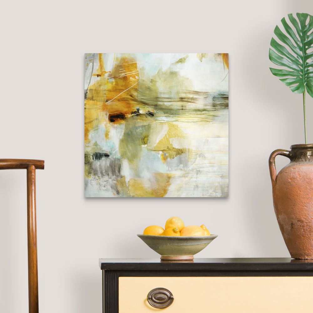 A traditional room featuring A contemporary abstract painting using a muted orange tone against a neutral background.
