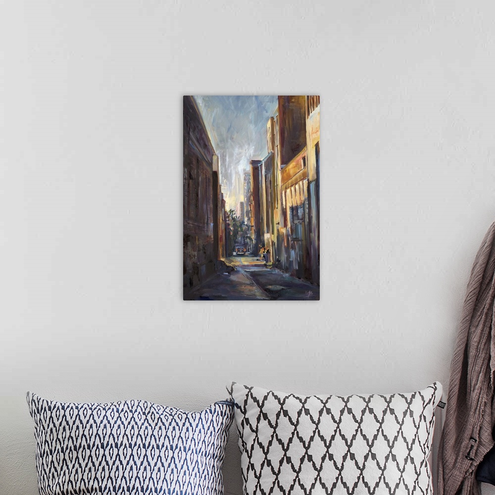 A bohemian room featuring Contemporary painting looking through a corridor of an urban block.