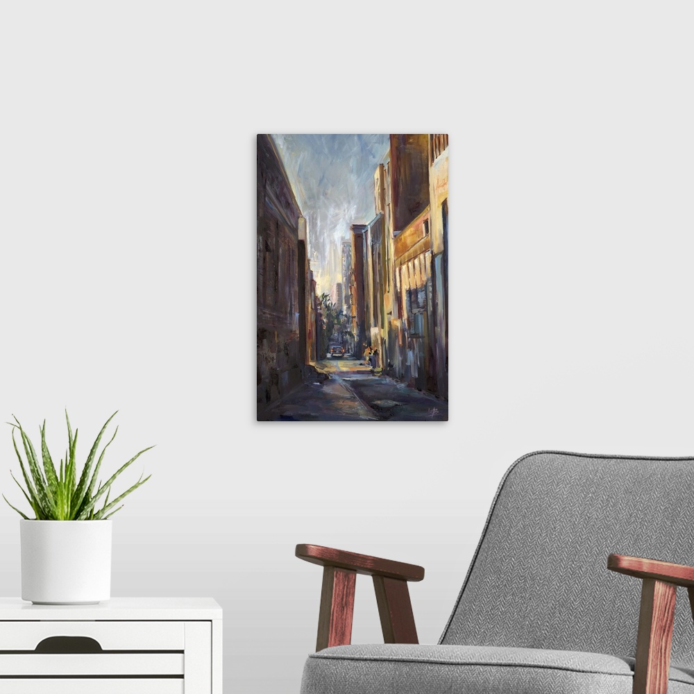 A modern room featuring Contemporary painting looking through a corridor of an urban block.