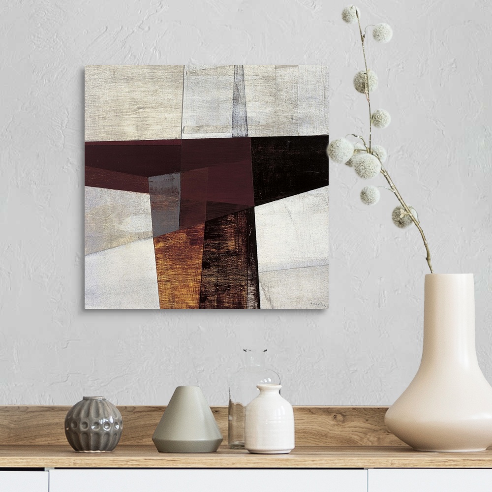 A farmhouse room featuring Sharp angles and rigid shapes give this abstract painting a sense of depth and life.
